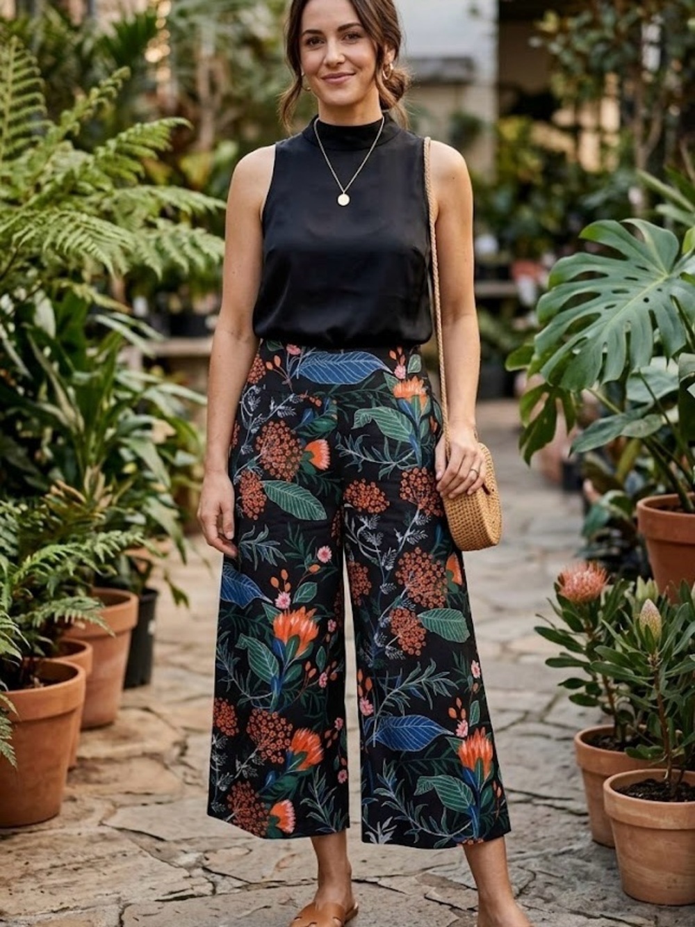 Karma East Floral Wide-Leg Pants Palazzo European Tropical Boho Chic Statement